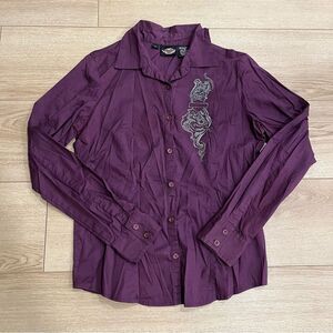 Harley-Davidson Purple Rhinestone Embroidered Button Down Cotton Shirt Size S